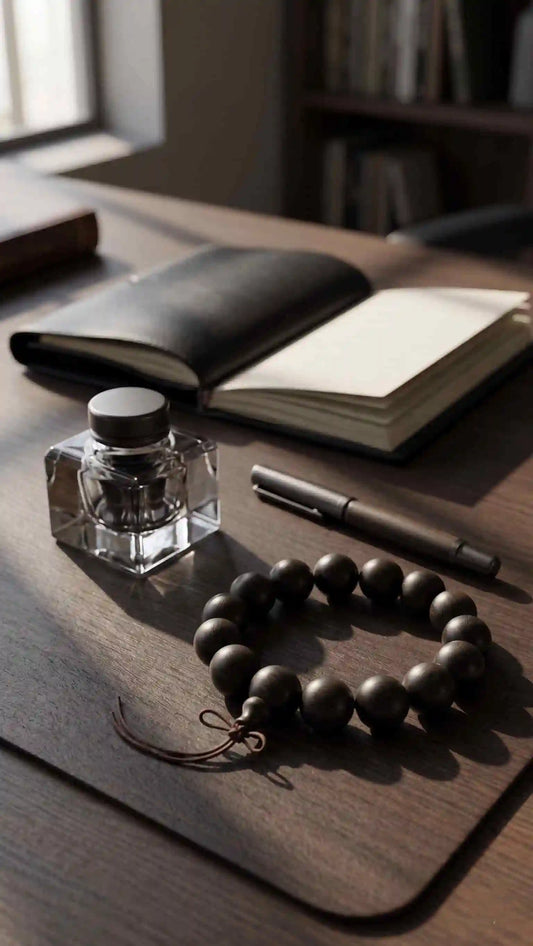 Men's dark ebony wood bracelet on a rustic wooden desk next to an open leather notebook, fountain pen, and crystal ink bottle in a morning sunlight study.