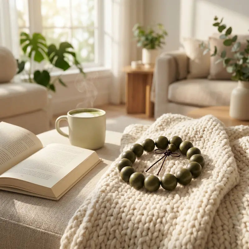 A premium green sandalwood prayer bead bracelet resting on a textured, cream-colored chunky knit blanket. Beside it, an open book and a steaming light-green ceramic mug are placed on a couch. The background shows a bright, cozy, and sunlit living room with minimalist decor and lush green houseplants in soft focus.