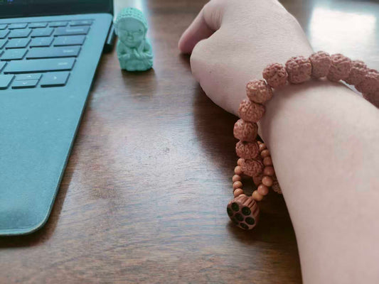 Rudraksha Bracelet with Lotus Charm – 10mm Spiritual Growth - Lumala | Natural Wood Bracelets for Mindful Living