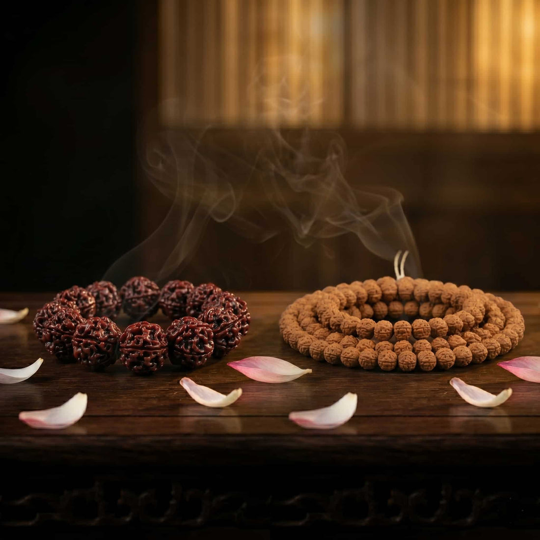 Premium 108 beads Rudraksha mala necklace and jade-like wooden bead bracelet with meditation incense smoke