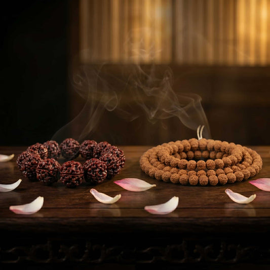 Premium 108 beads Rudraksha mala necklace and jade-like wooden bead bracelet with meditation incense smoke