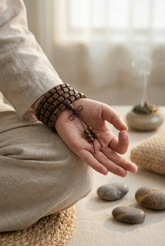  A wrist wearing dark wooden mala bracelets rests on a knee beside smooth meditation stones.