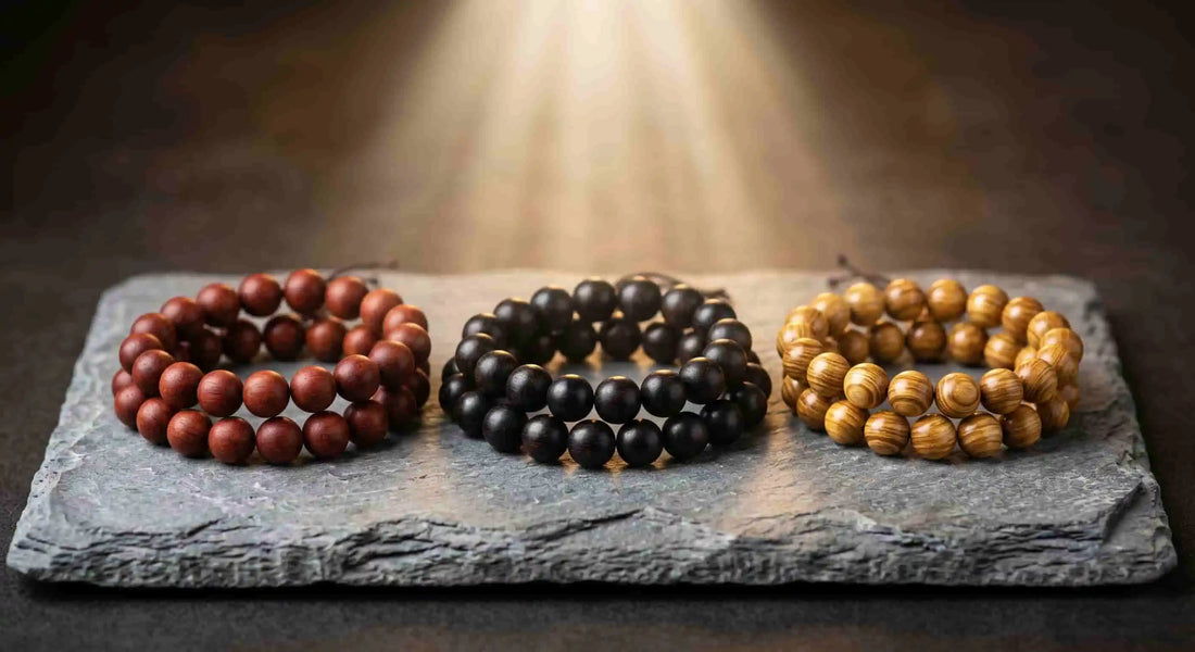 Three natural wood bead bracelets in red, black, and gold colors, neatly arranged on a raw black slate pedestal under a warm top light beam against a dark minimalist background.