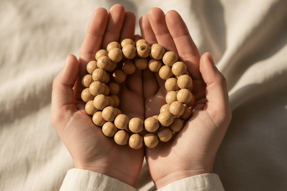  A pair of hands gently holding a light wood mala bracelet against soft neutral fabric.