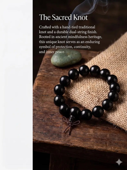 A black ebony bead bracelet resting on a textured cloth beside a card titled "The Sacred Knot."