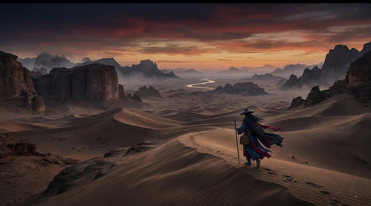 A lone artisan traveler in traditional robes walking through a vast sandstorm desert under a dramatic twilight sky, epic storytelling, oriental ink wash aesthetics, concept art for Lumala wooden beads journey.