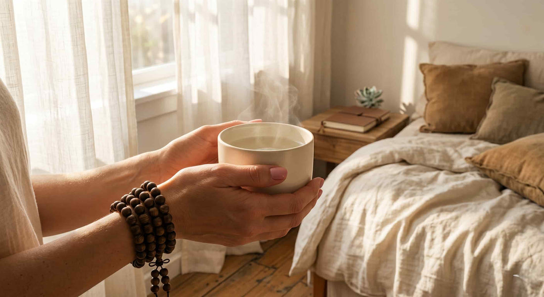  A person holds a warm mug in soft morning light, wearing dark wooden bead bracelets in a calm bedroom scene.