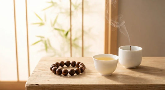 An authentic dark agarwood bracelet on a warm wooden tea table by a shoji window with bamboo shadows, next to a white porcelain tea cup and a smoking censer in bright morning light.