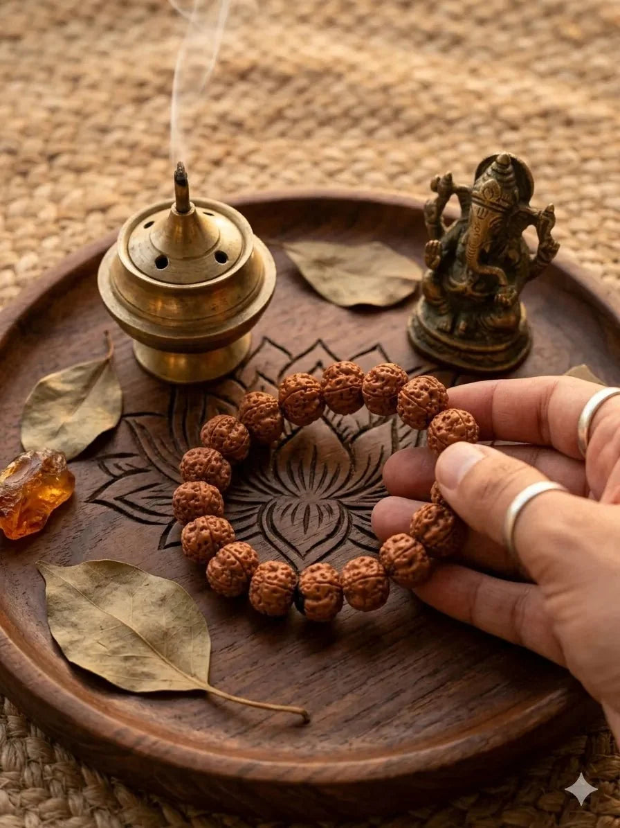  A hand holds a brown wooden bead bracelet over a wooden tray with incense and small decorative objects.