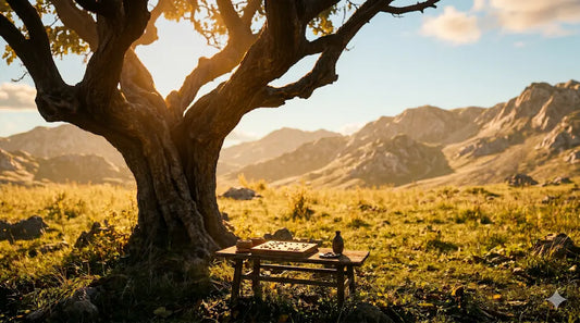 A gnarled ancient tree and chess table in a misty field, visualizing the mindful lifestyle in Singapore