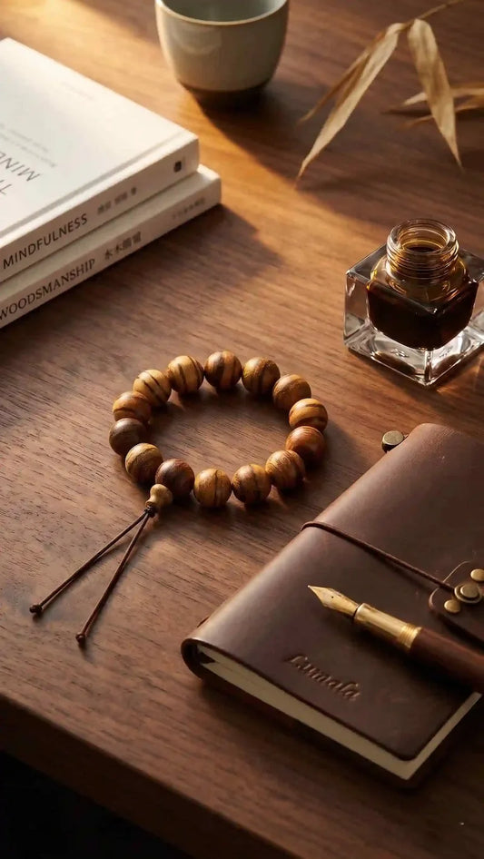 Wooden mindfulness bracelet resting on a leather journal beside a pen, ink bottle and books on a warm wooden desk — a quiet tactile anchor for mindful pauses at work