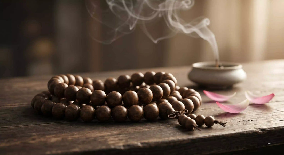 A wenge wood beaded bracelet resting on a rustic wooden table next to an incense burner with swirling white smoke and pink lotus petals in soft natural window light.