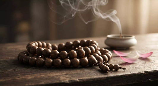 A wenge wood beaded bracelet resting on a rustic wooden table next to an incense burner with swirling white smoke and pink lotus petals in soft natural window light.