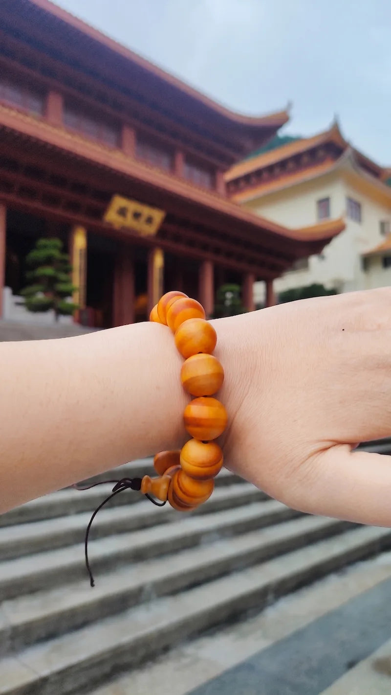 A close-up of a wrist wearing a 15mm Dragon Blood Wood gourd bracelet with golden-brown stripes, set against traditional oriental temple architecture in bright daylight.