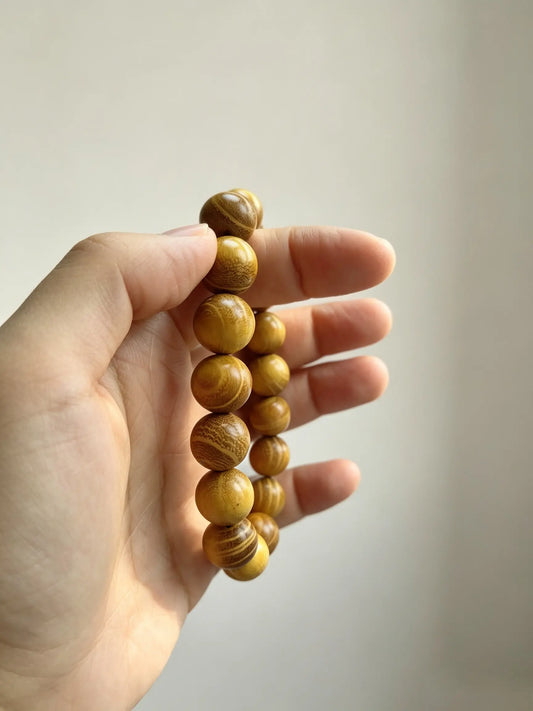 Golden Sandalwood 12mm Beaded Bracelet with Hand-Carved Gourd Guru Bead, Natural Honey Brown Wood Grain, No Glue Hand-Knot Craft, Premium Handmade Wooden Bracelet Gift for Men Women