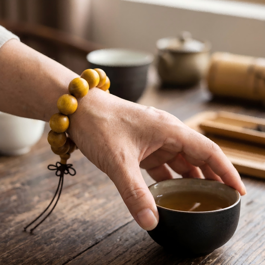 Golden Sandalwood Bracelet – 15mm Success & Abundance - Lumala | Natural Wood Bracelets for Mindful Living