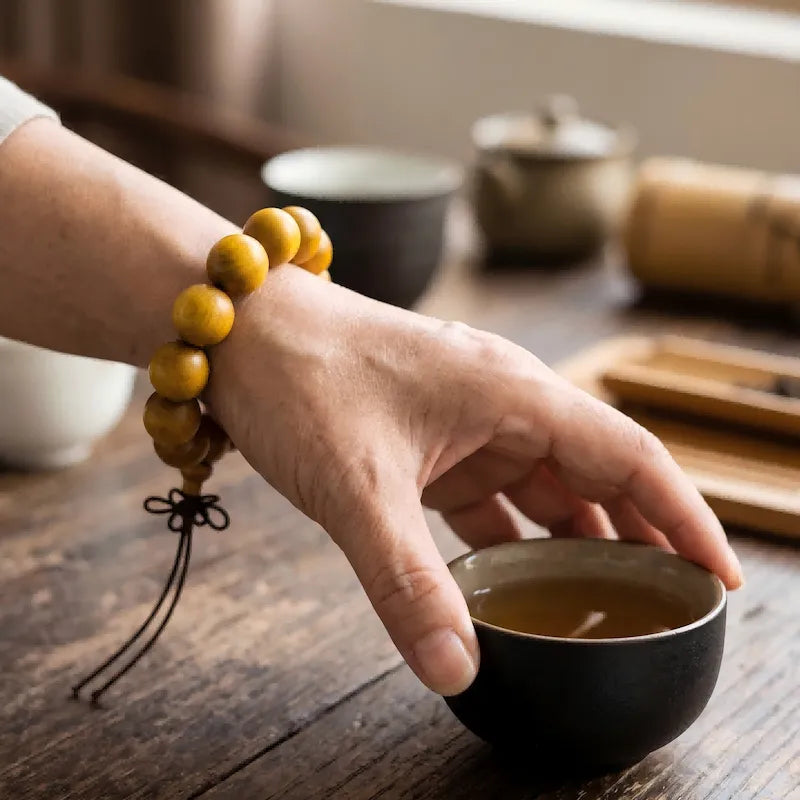 A close-up of a person wearing a 15mm golden sandalwood bead bracelet while holding a dark ceramic tea cup on a rustic wooden table in soft, bright morning light.
