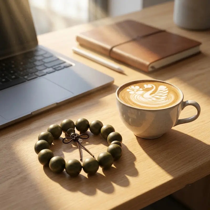 A green sandalwood prayer bead bracelet on a light wooden office desk, placed next to a cup of hot latte with elegant swan latte art. A laptop and a brown leather journal rest in the soft-focus background, illuminated by bright, warm morning sunlight streaming through a window.