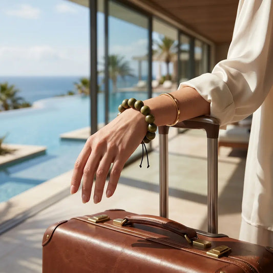 A close-up of a traveler's hand draped over the handle of a premium brown leather suitcase, wearing a green sandalwood prayer bead bracelet stacked with a gold bangle. The person is in a silk resort outfit at a luxury seaside hotel with an infinity pool and palm trees in the background.