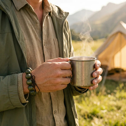 A close-up of a man wearing a premium green sandalwood prayer bead bracelet while holding a steaming metal camping mug. He is dressed in an earth-toned outdoor jacket and linen shirt, standing in a sunny mountain meadow with a canvas glamping tent in the background.