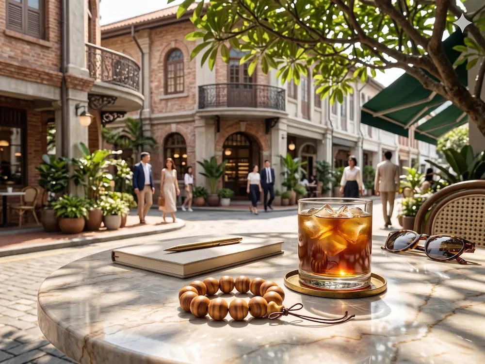 A premium red wood bead bracelet on a light marble table at an outdoor cafe next to a glass of iced coffee under bright, dappled sun shadows.