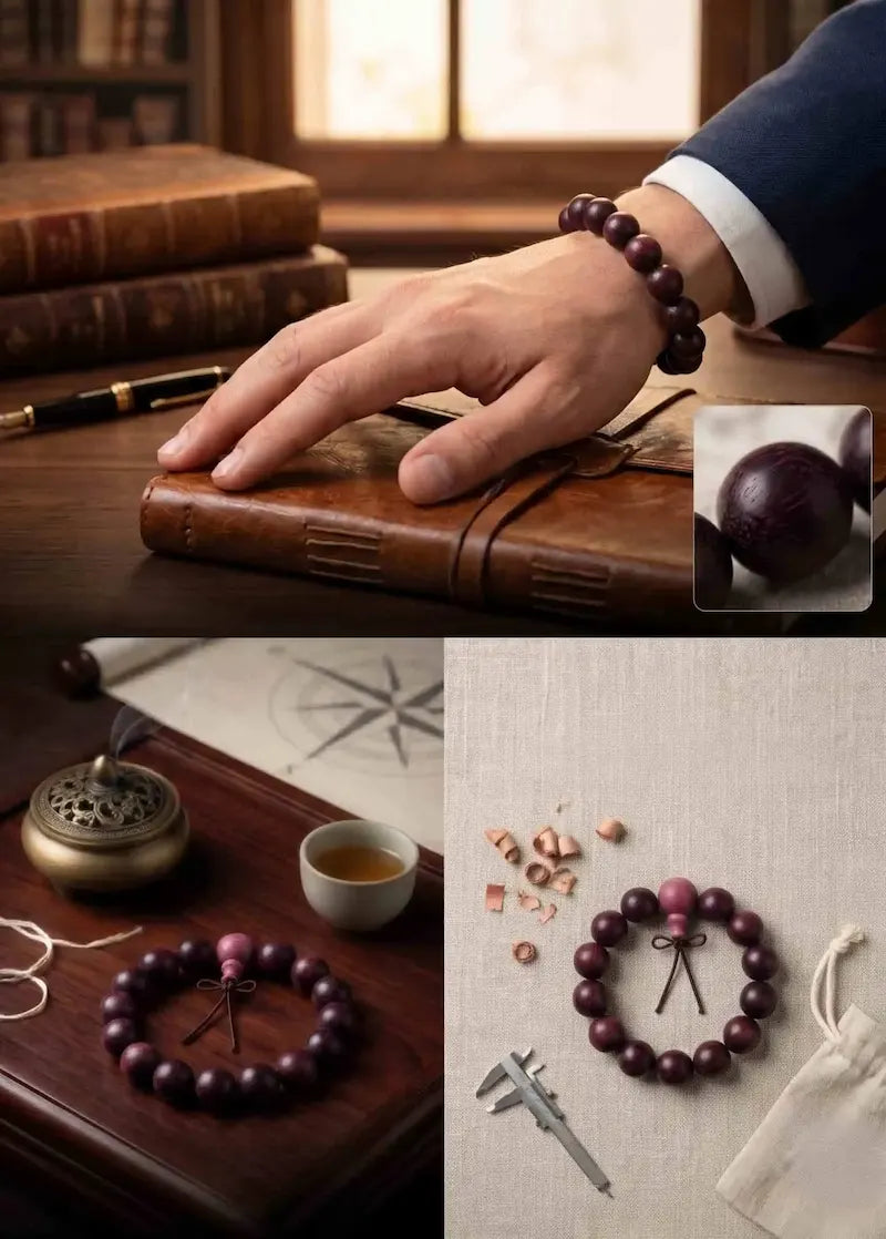 A professional product collage of a 15mm rosewood mala bracelet. Top: A man in a suit wearing the bracelet on a vintage leather journal. Bottom-left: The bracelet on a dark wooden tea tray next to an incense burner. Bottom-right: The bracelet on linen alongside handcrafting tools and a vernier caliper.