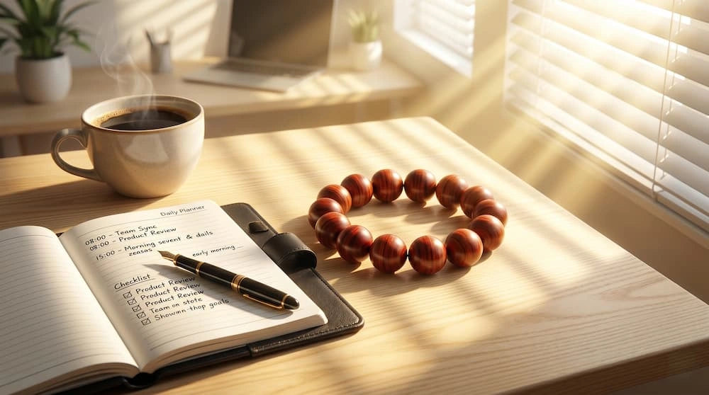 A premium red sandalwood bead bracelet resting on an open leather planner on a light wooden desk, bathed in bright golden morning sunlight.