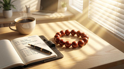 A premium red sandalwood bead bracelet resting on an open leather planner on a light wooden desk, bathed in bright golden morning sunlight.