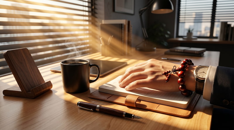 A close-up of an executive wearing a dark burgundy rhinoceros rosewood bracelet, resting their hand on a premium leather journal in bright, golden morning sunlight.