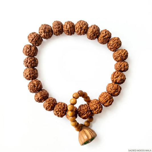 Rudraksha Bracelet with Lotus Charm – 10mm Spiritual Growth - Lumala | Natural Wood Bracelets for Mindful Living