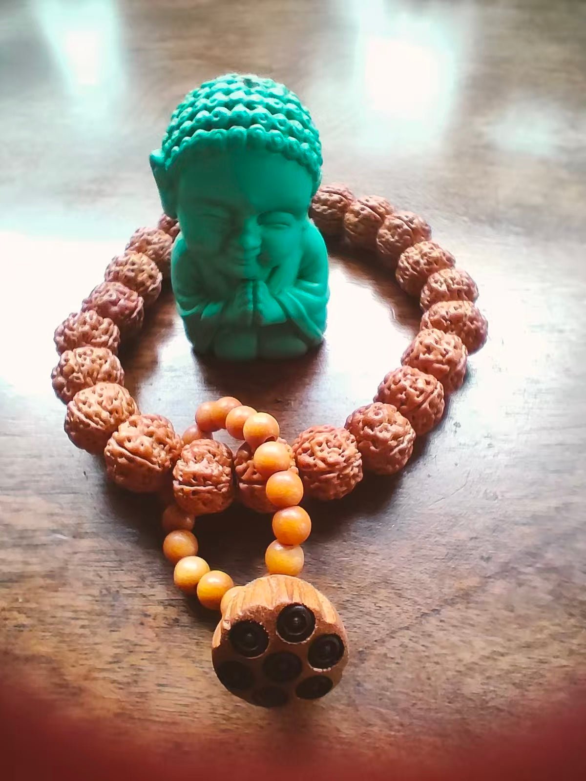 Rudraksha Bracelet with Lotus Charm – 10mm Spiritual Growth - Lumala | Natural Wood Bracelets for Mindful Living