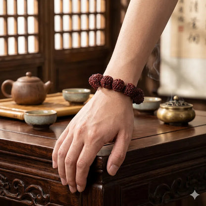 A close-up of a person wearing an 18mm six-faced jadeized rudraksha bracelet on the wrist, next to a classic Chinese tea set on a dark wooden table.