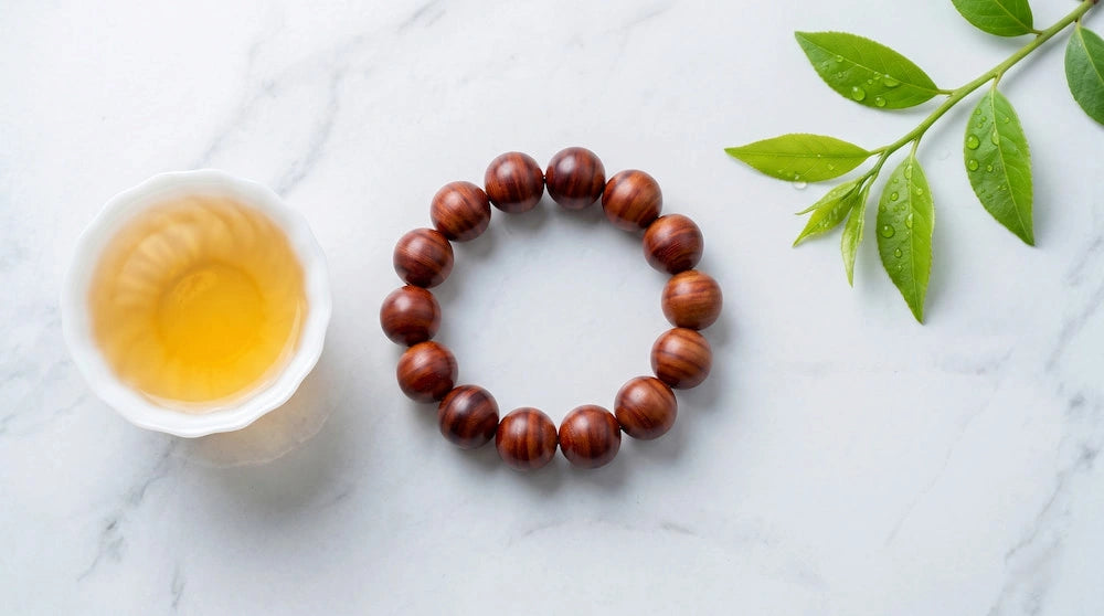 A minimalist Zen style red sandalwood bracelet on a bright marble surface next to a white porcelain teacup and fresh green leaves in clear, natural light.