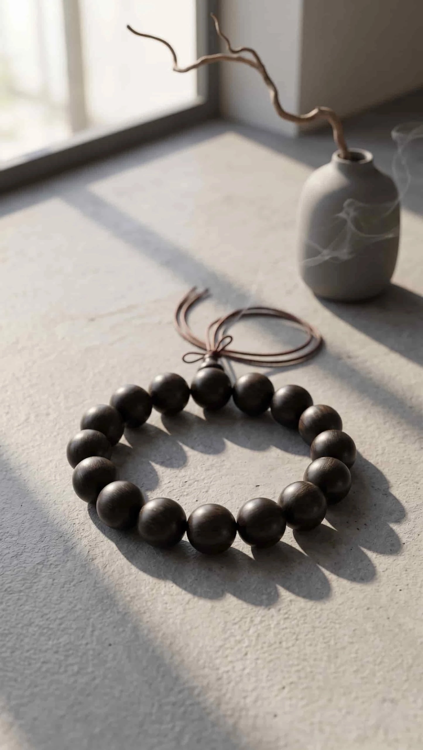 Wabi-Sabi style ebony sunken wood bracelet on a light concrete surface by a window, with an incense burner and dried branch in natural sunlight.