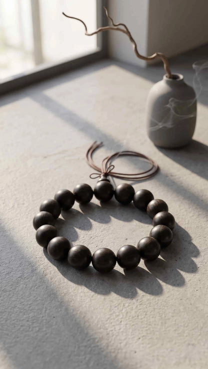 Wabi-Sabi style ebony sunken wood bracelet on a light concrete surface by a window, with an incense burner and dried branch in natural sunlight.