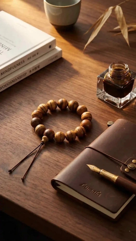 Wenge wood striped prayer beads on a high-end dark walnut executive desk next to a leather journal and a fountain pen in natural morning light.