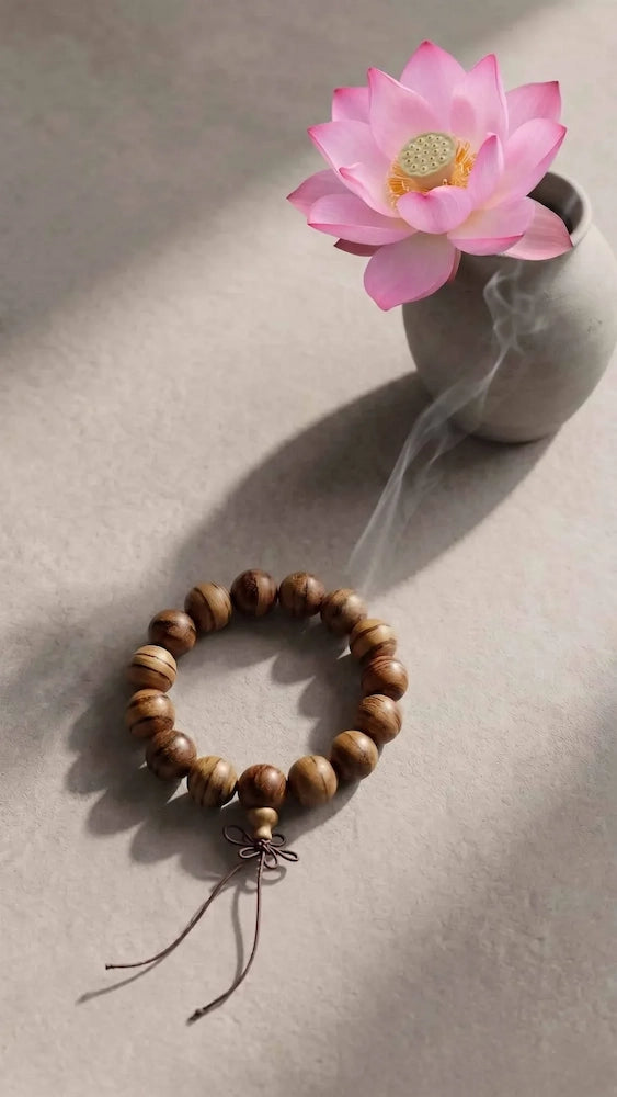 A wenge wood beaded bracelet on a light warm concrete floor, next to a ceramic vase holding a blooming pink lotus flower with swirling incense smoke in soft sunlight.