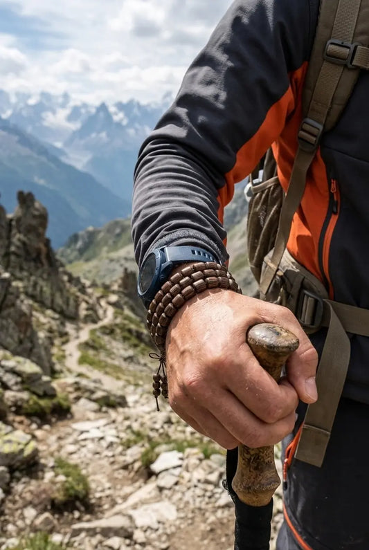 Unisex wenge wood mala bracelet worn on wrist during mountain hiking, outdoor trekking scene with alpine valley and pine forest background, natural wooden wrap bracelet for outdoor mindfulness