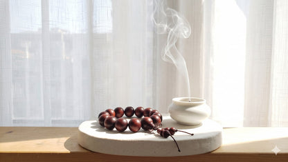 A deep red rhinoceros rosewood bracelet with a gourd accent, displayed on a minimalist white ceramic tray bathed in radiant, bright sunshine with a delicate wisp of incense smoke.